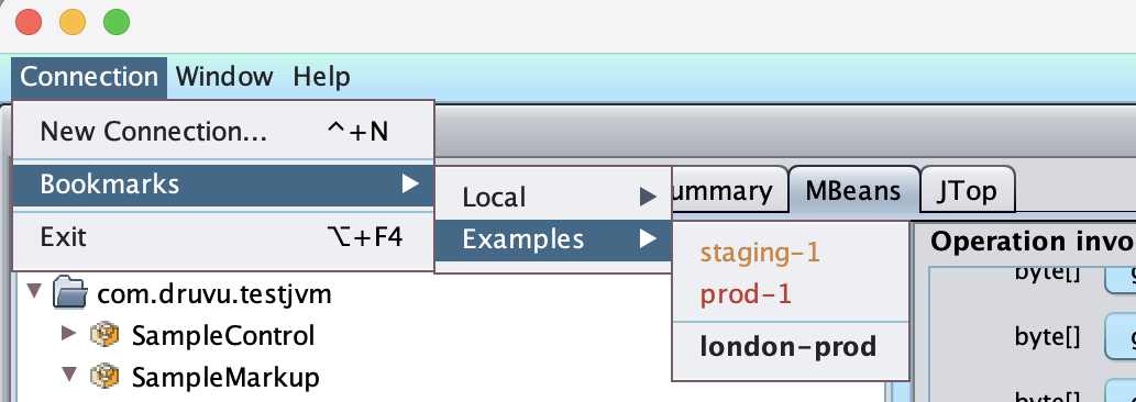 Connection bookmarks menu with grouped, colour-coded targets