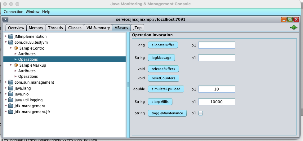 JConsole Booster connected to a JVM, showing markup-driven operation forms