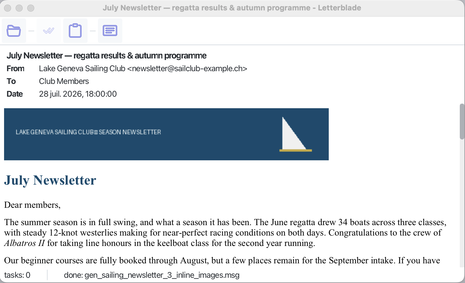 Letterblade rendering an HTML newsletter with an inline image